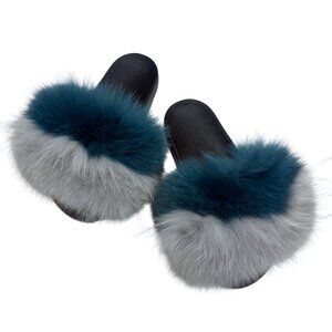 NWOT Genuine Real Fox Fur Slides Teal Grey Luxury Sandals Size 7.5
